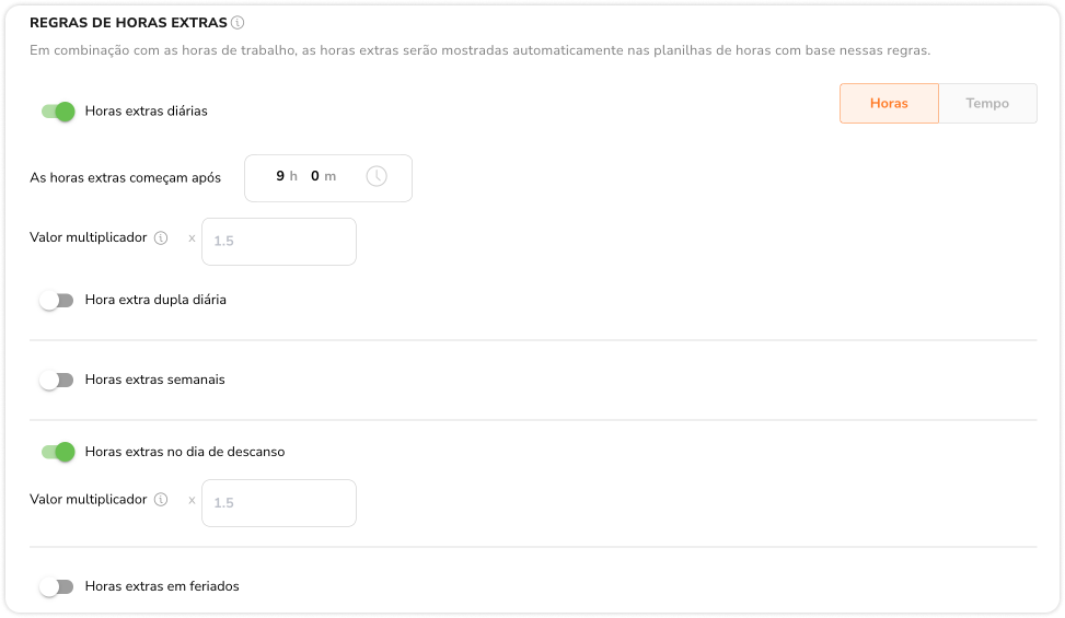 Configurando regras de horas extras nas configurações de horário de trabalho